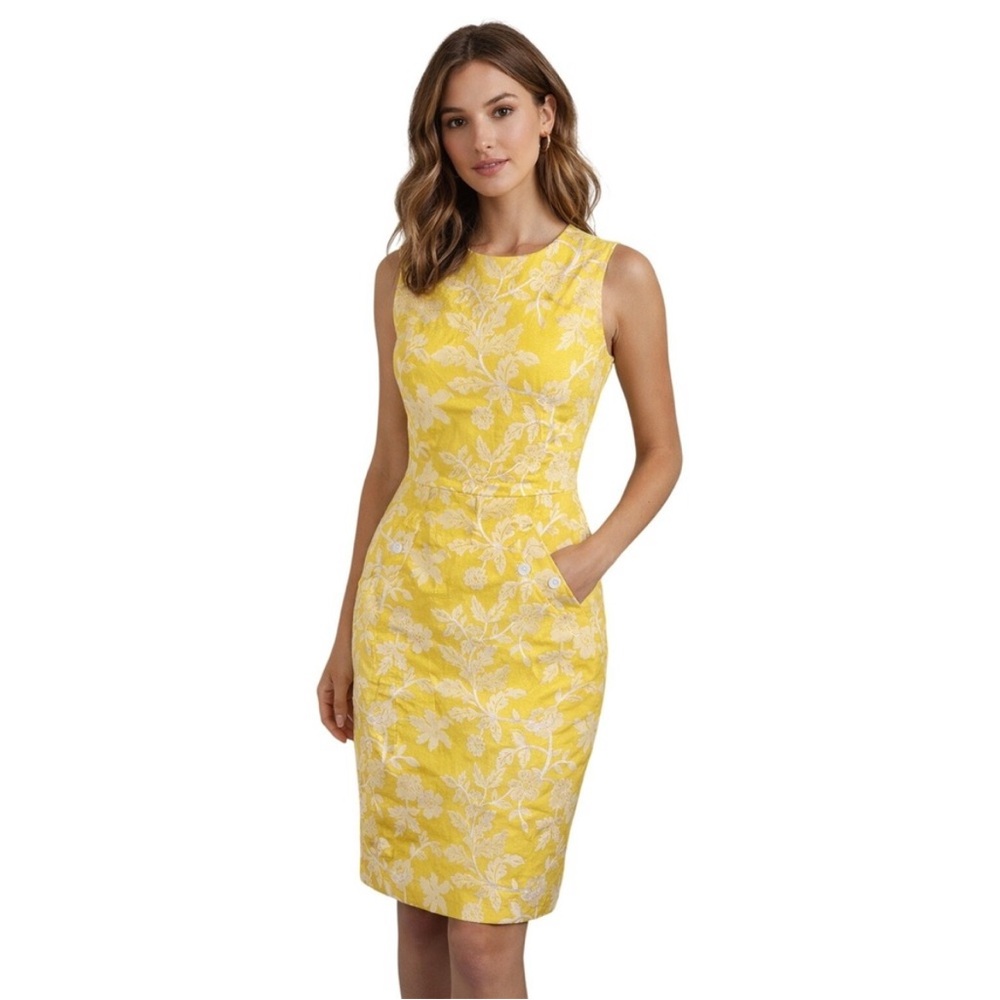 Brooks Brothers Size 14 Yellow & White Floral Print Sleeveless Midi Dress